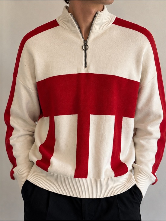 Zara Other - Zara Red Cream Colorblock Quarter-Zip Sweater Men’s M